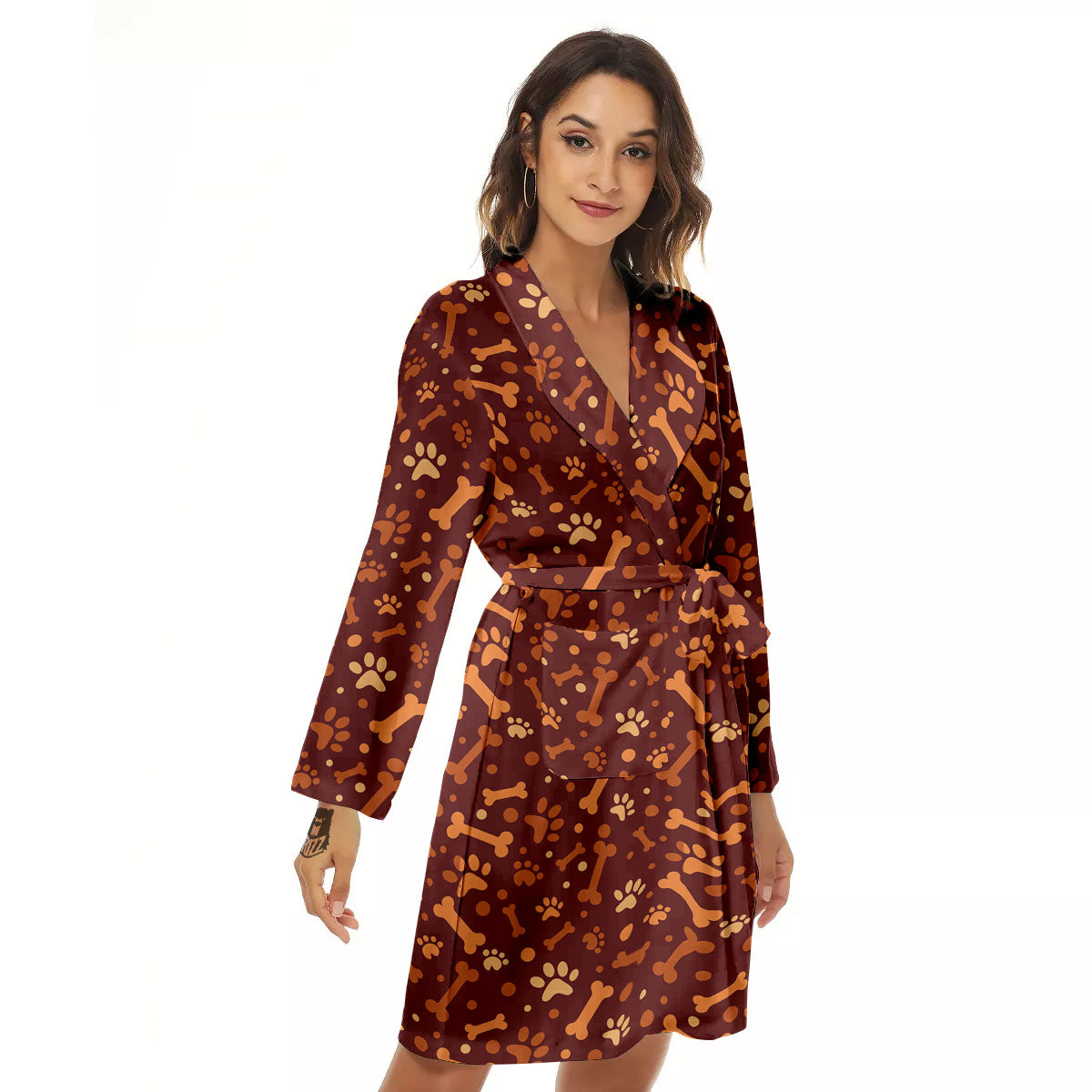 Bone And Brown Paw Print Pattern Women's Robe-grizzshop