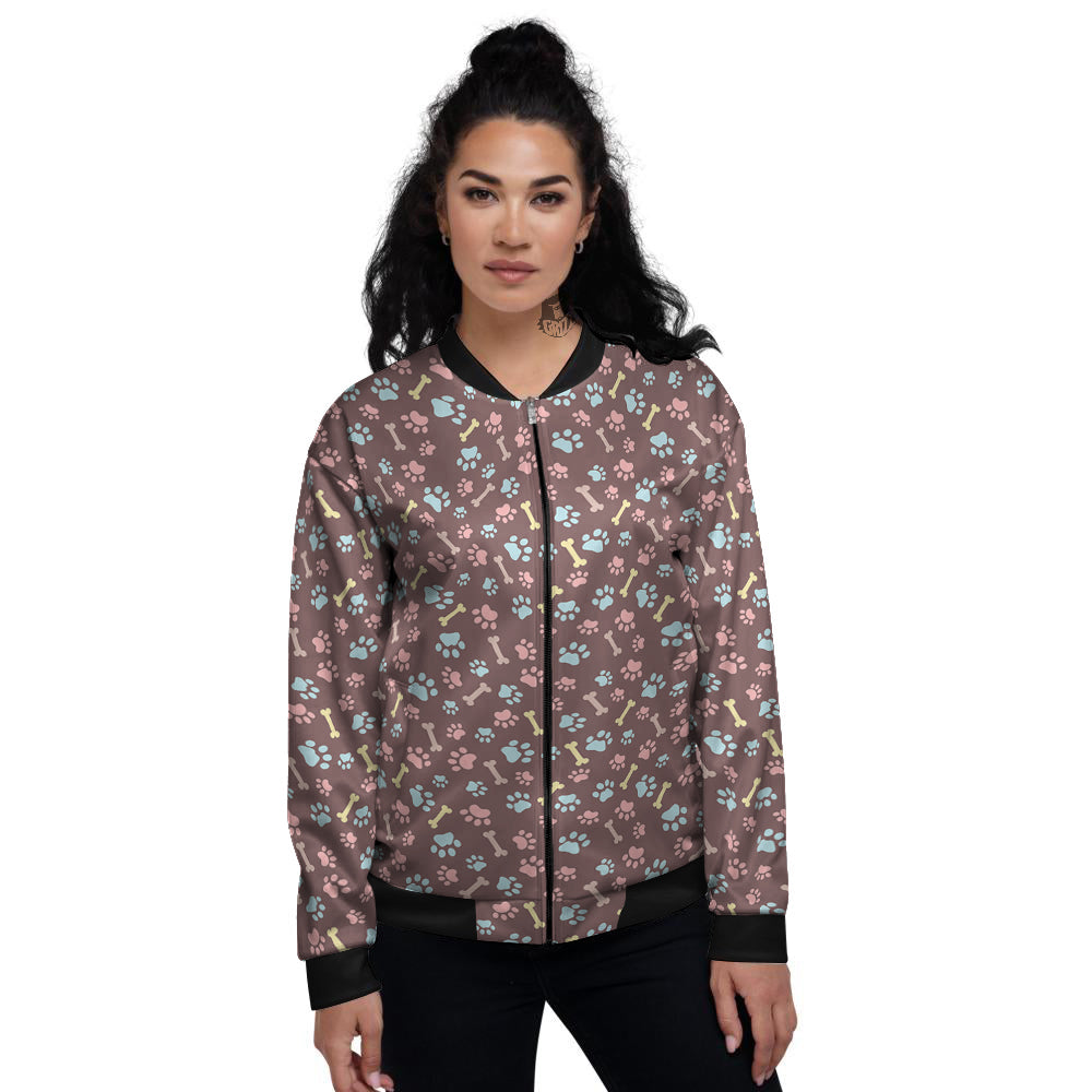 Bone And Colorful Paw Print Pattern Women's Bomber Jacket-grizzshop