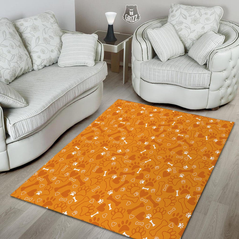 Bone And Orange Paw Print Pattern Floor Mat-grizzshop