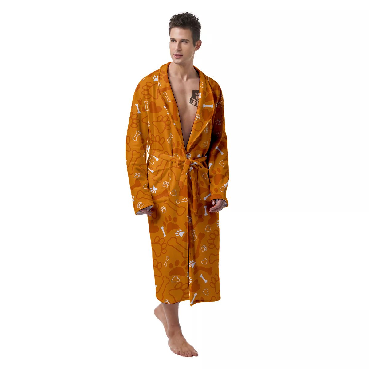 Bone And Orange Paw Print Pattern Men's Robe-grizzshop