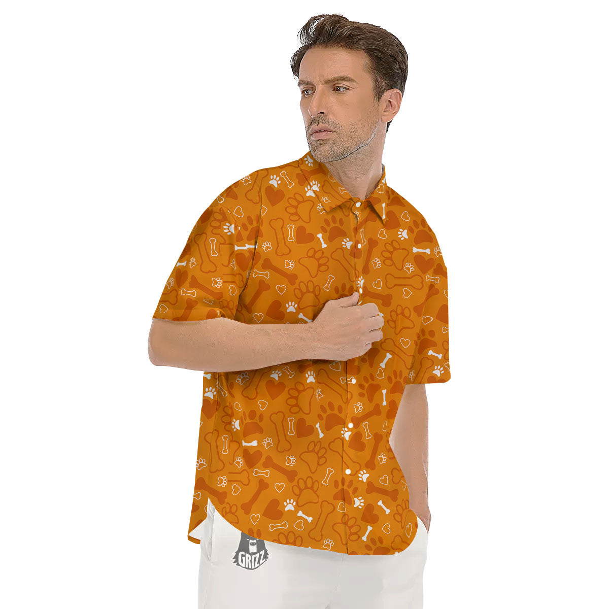 Bone And Orange Paw Print Pattern Men's Short Sleeve Shirts-grizzshop