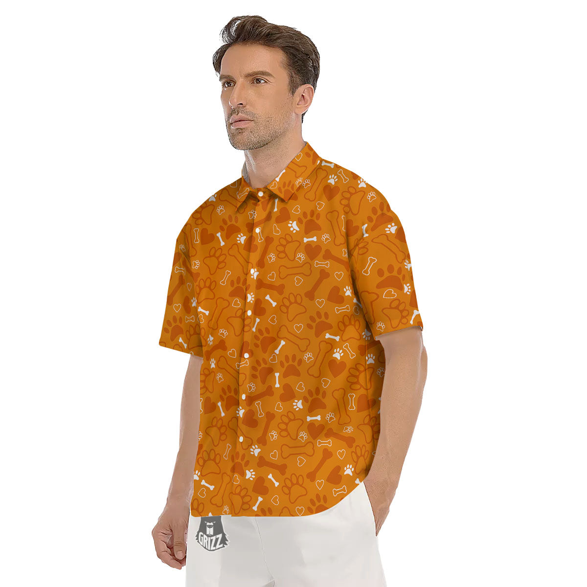 Bone And Orange Paw Print Pattern Men's Short Sleeve Shirts-grizzshop