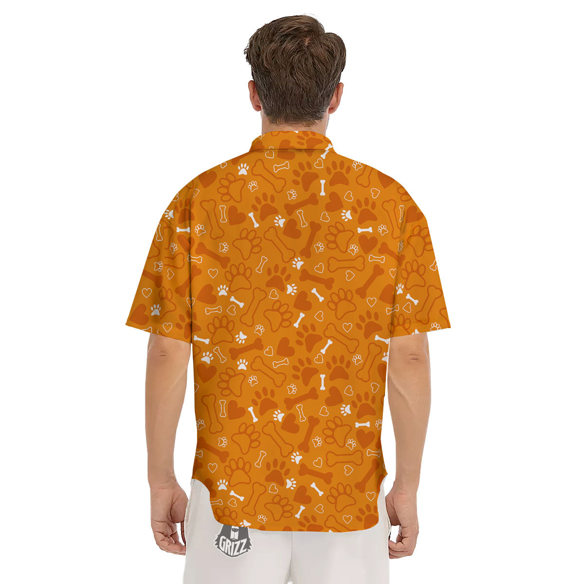 Bone And Orange Paw Print Pattern Men's Short Sleeve Shirts-grizzshop