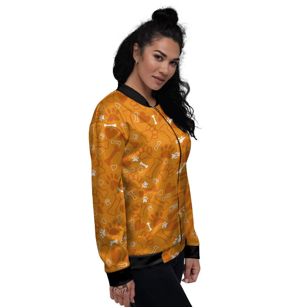 Bone And Orange Paw Print Pattern Women's Bomber Jacket-grizzshop