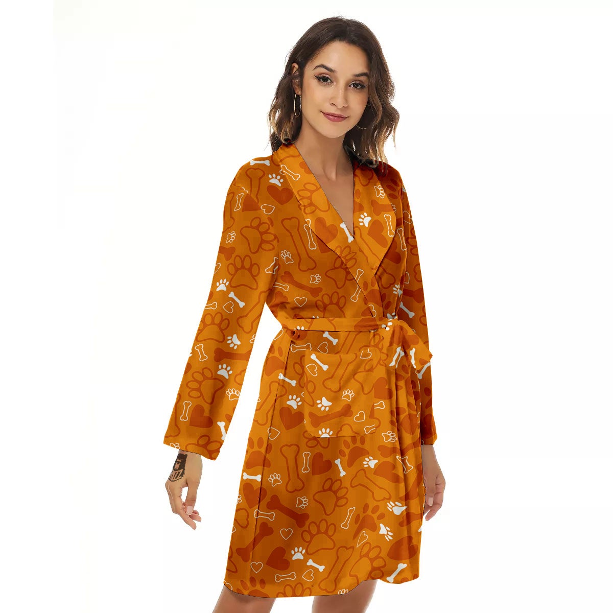 Bone And Orange Paw Print Pattern Women's Robe-grizzshop