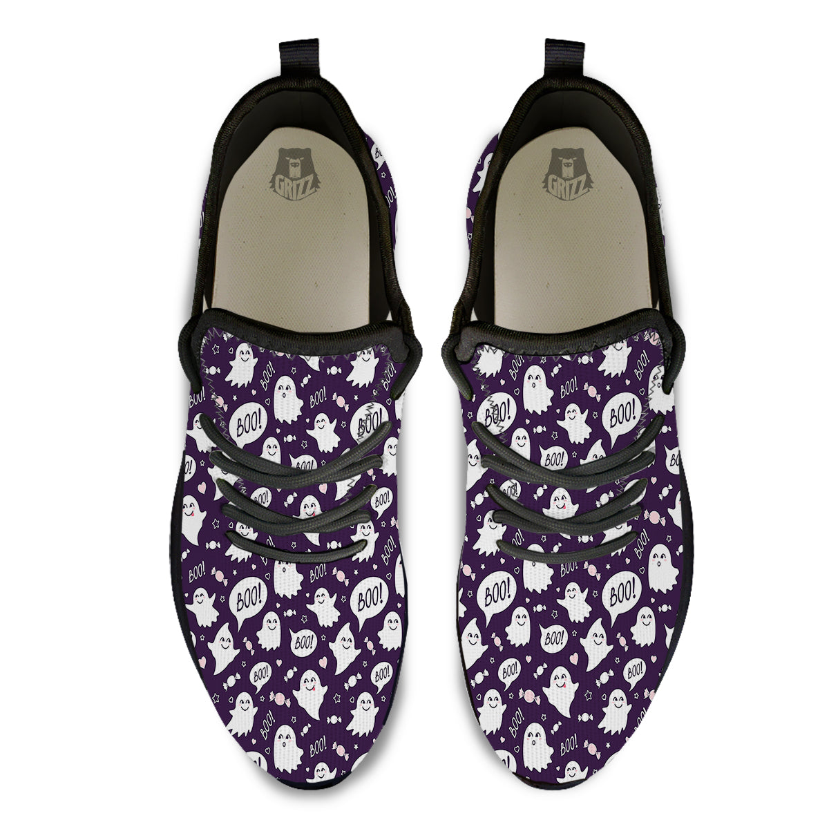 Boo Cute Ghost Print Pattern Black Athletic Shoes-grizzshop