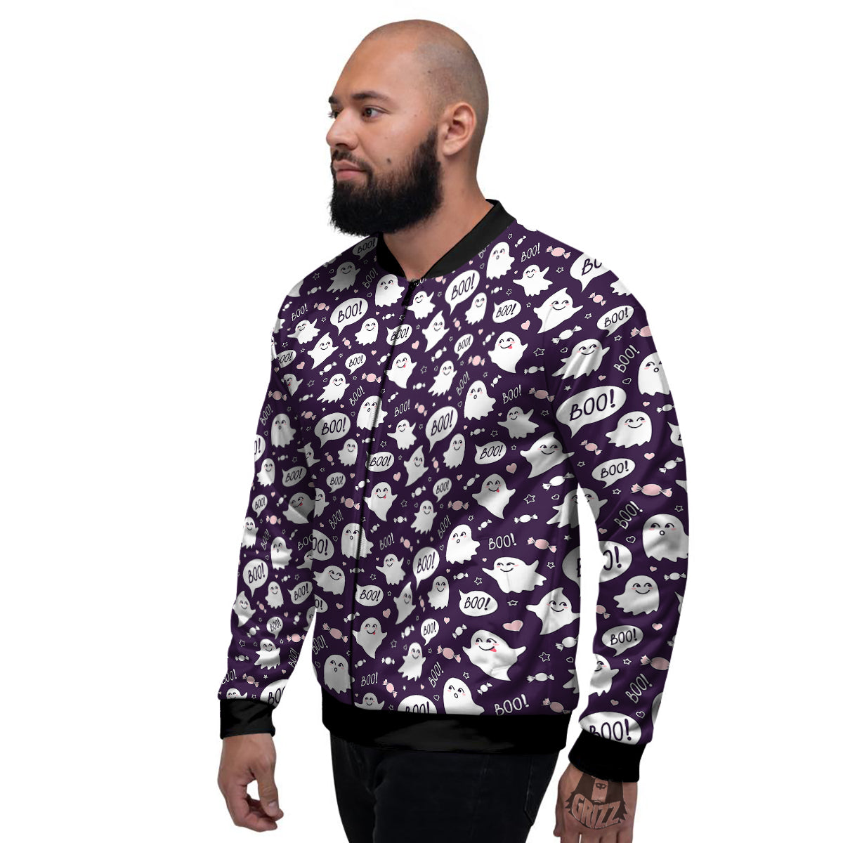 Boo Cute Ghost Print Pattern Men's Bomber Jacket-grizzshop