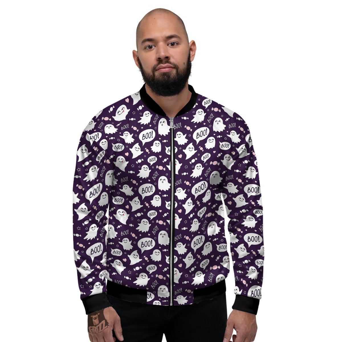 Boo Cute Ghost Print Pattern Men's Bomber Jacket-grizzshop