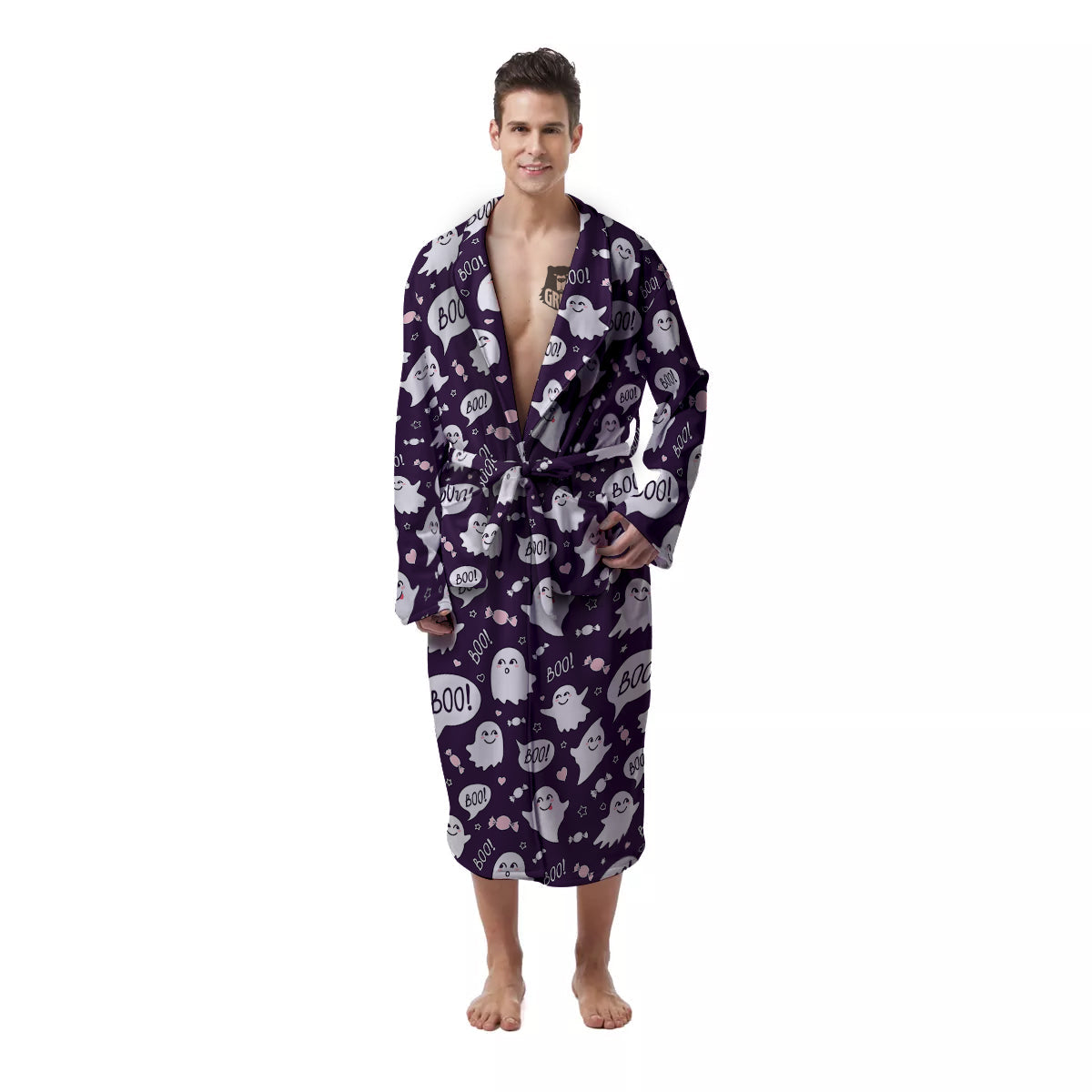 Boo Cute Ghost Print Pattern Men's Robe-grizzshop