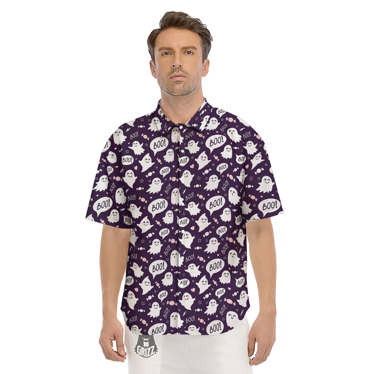 Boo Cute Ghost Print Pattern Men's Short Sleeve Shirts-grizzshop