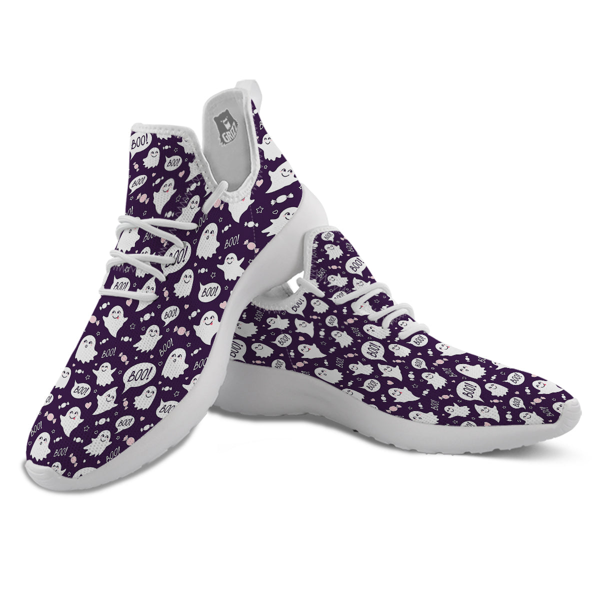 Boo Cute Ghost Print Pattern White Athletic Shoes-grizzshop