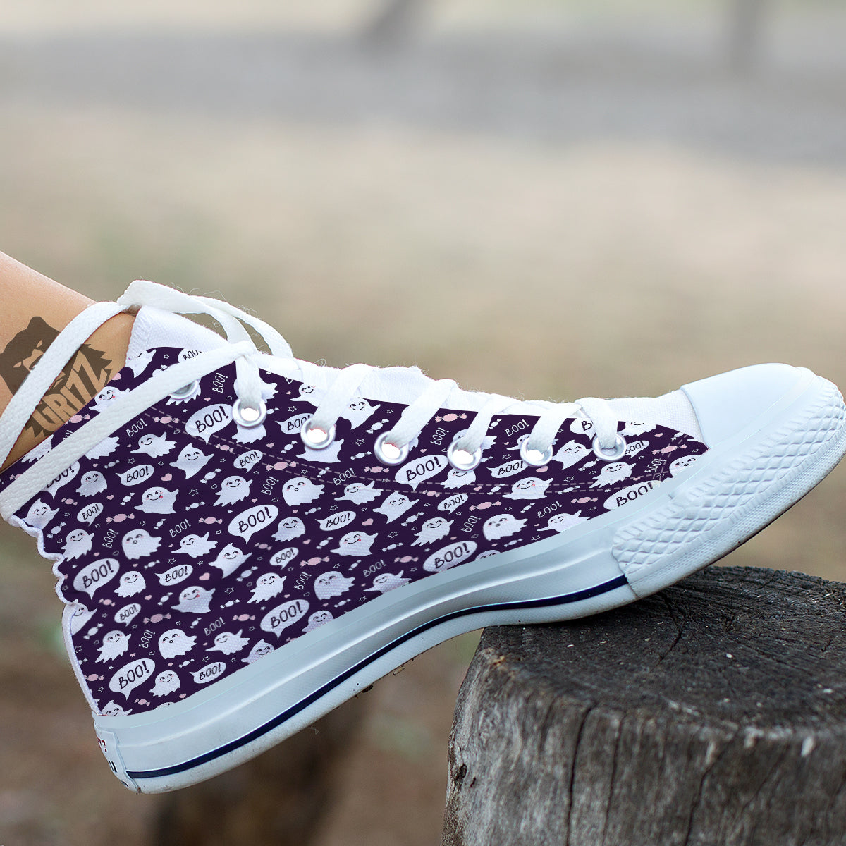 Boo Cute Ghost Print Pattern White High Top Shoes-grizzshop