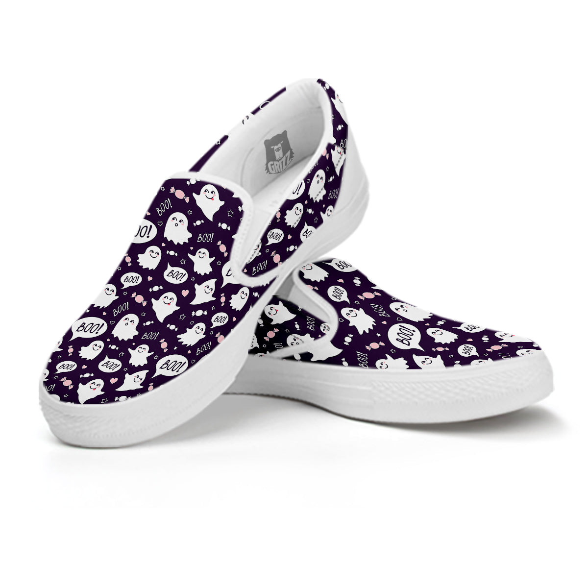 Boo Cute Ghost Print Pattern White Slip On Shoes-grizzshop
