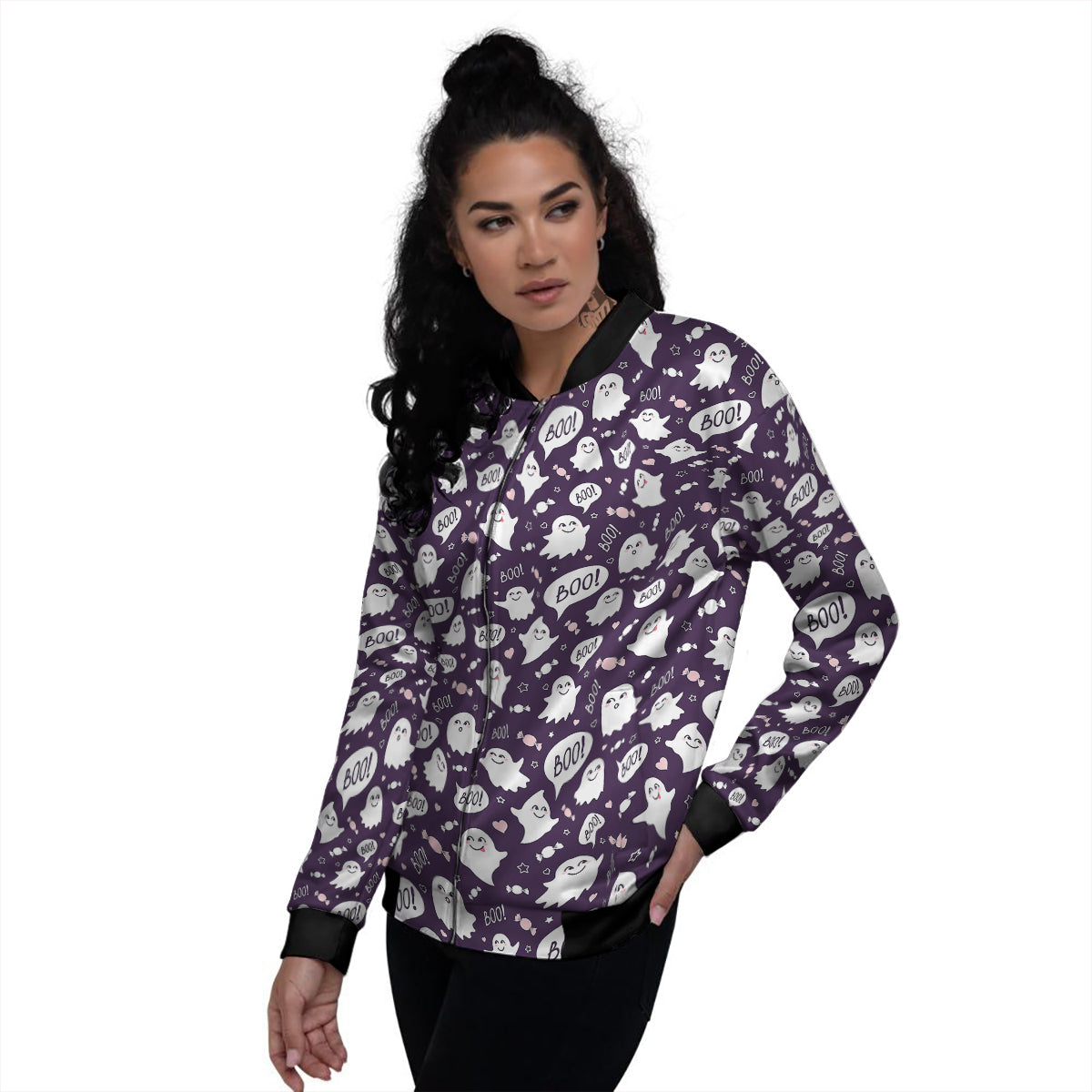 Boo Cute Ghost Print Pattern Women's Bomber Jacket-grizzshop