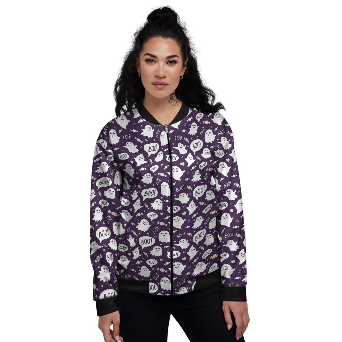 Boo Cute Ghost Print Pattern Women's Bomber Jacket-grizzshop