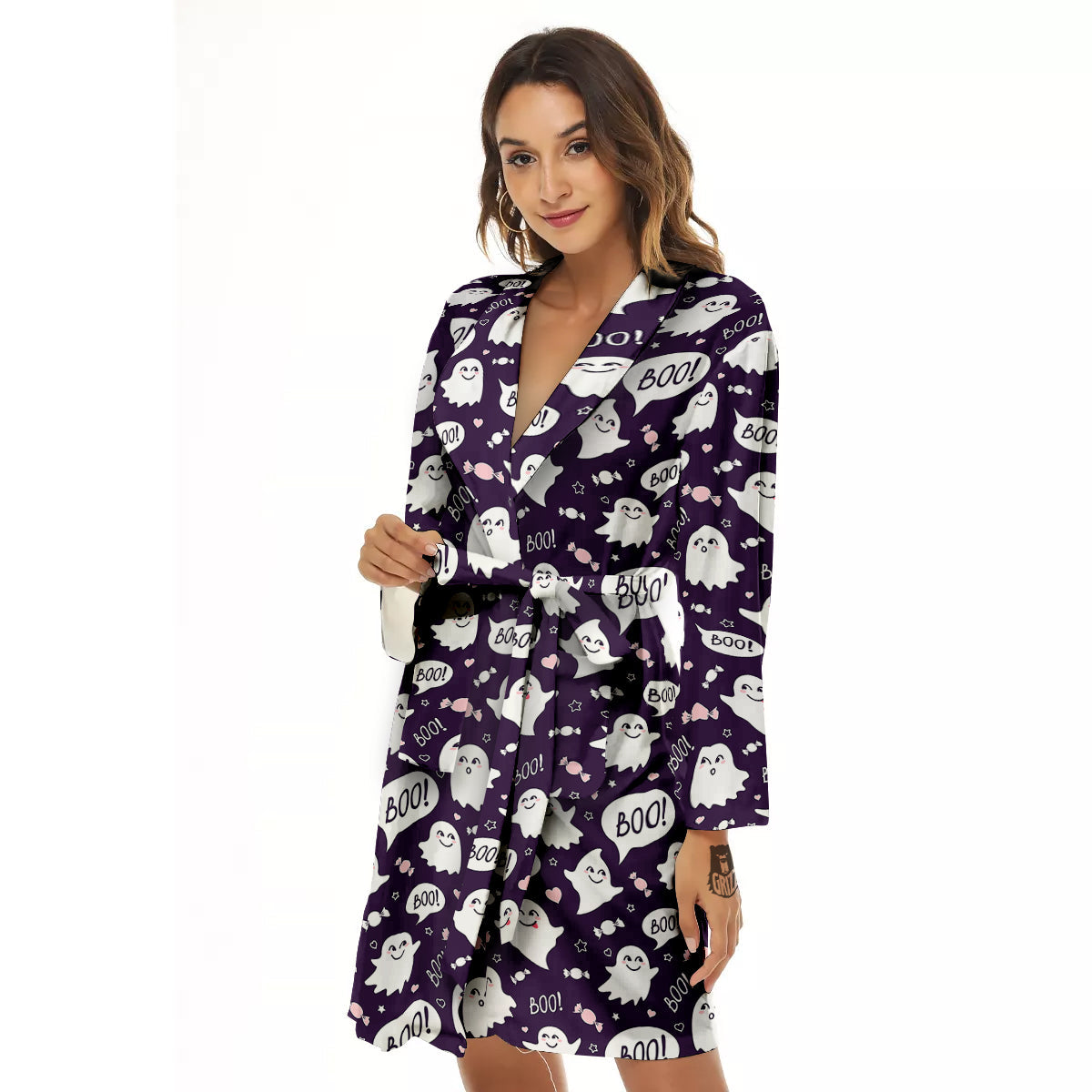 Boo Cute Ghost Print Pattern Women's Robe-grizzshop