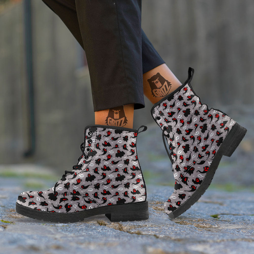 Boo Ghost Print Pattern Leather Boots-grizzshop