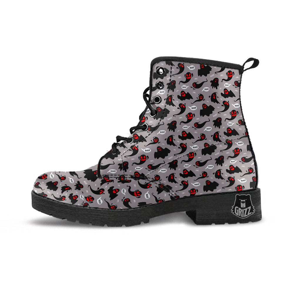 Boo Ghost Print Pattern Leather Boots-grizzshop