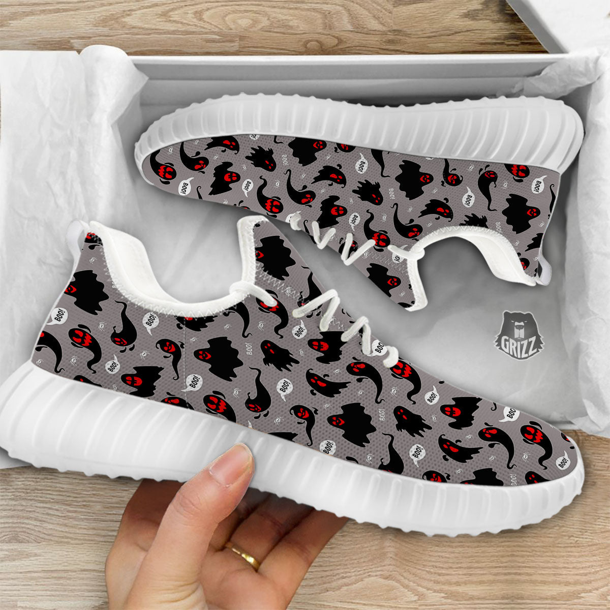 Boo Ghost Print Pattern White Walking Shoes-grizzshop