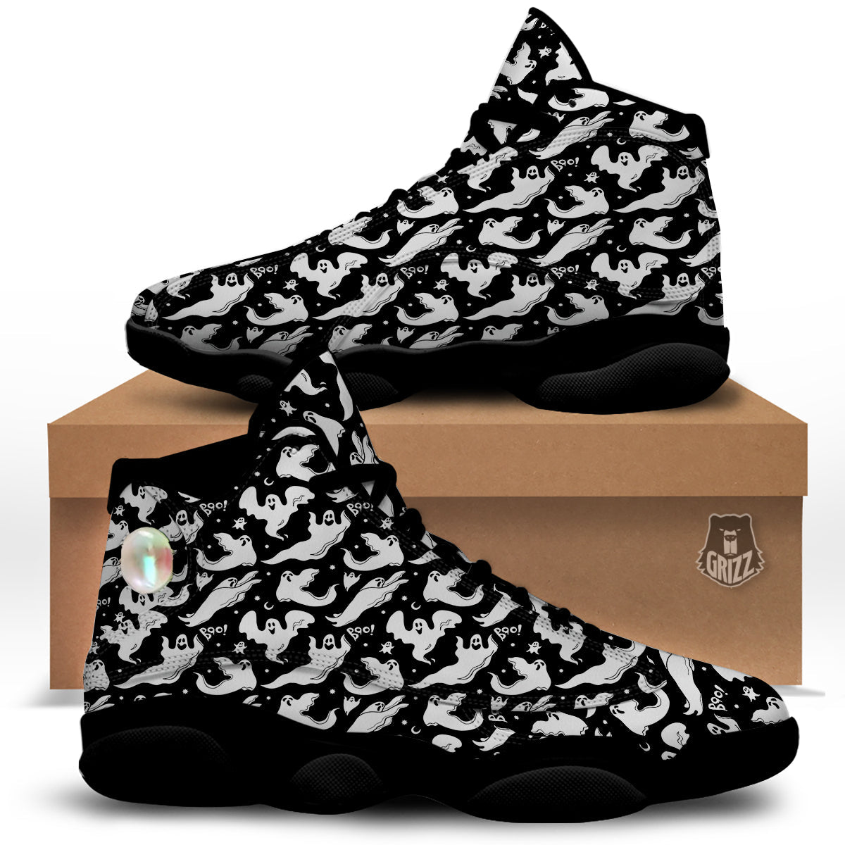 Boo Scary Ghost Print Pattern Black Basketball Shoes-grizzshop