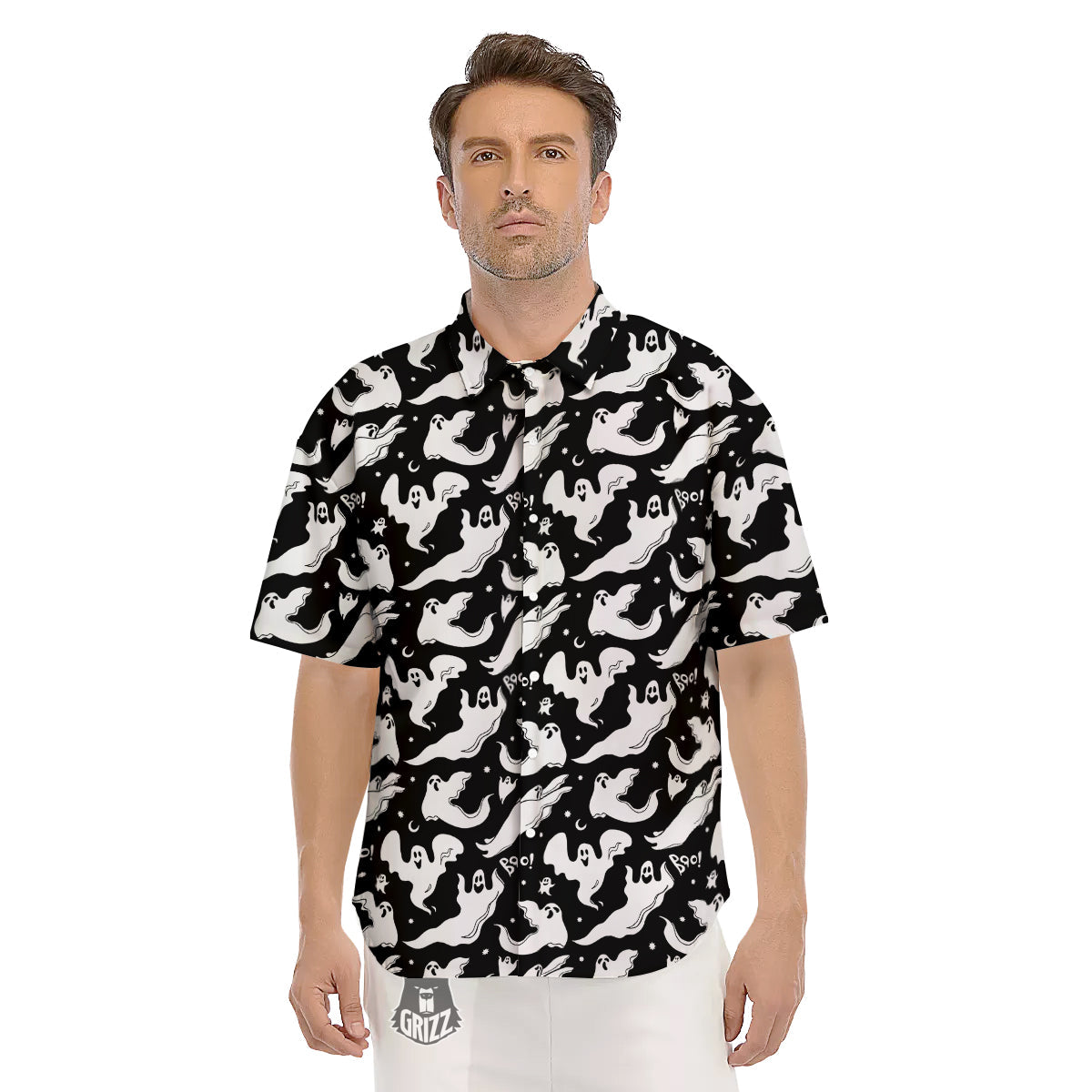 Boo Scary Ghost Print Pattern Men's Short Sleeve Shirts-grizzshop