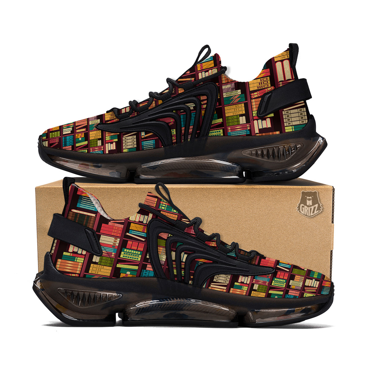 Bookshelf Vintage Print Pattern Black Gym Shoes-grizzshop