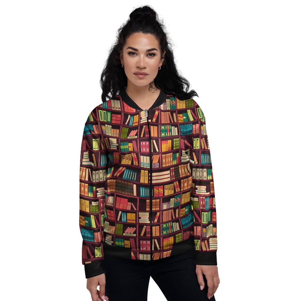 Bookshelf Vintage Print Pattern Women's Bomber Jacket-grizzshop
