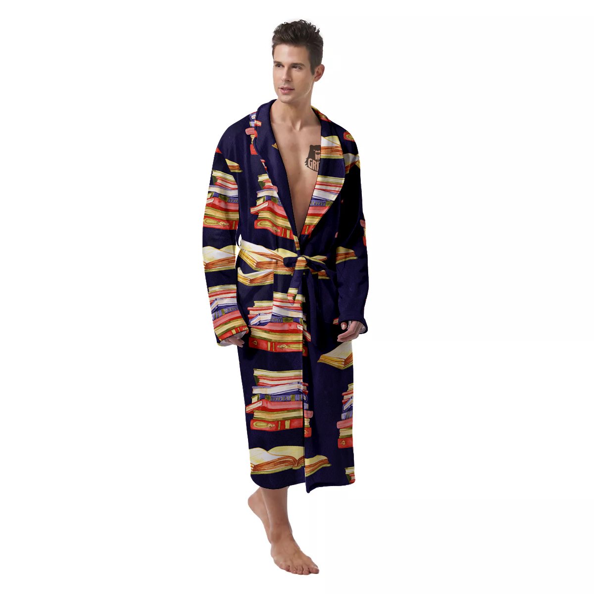 Bookshelf Watercolor Print Pattern Men's Robe-grizzshop