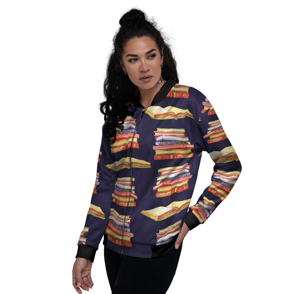 Bookshelf Watercolor Print Pattern Women's Bomber Jacket-grizzshop