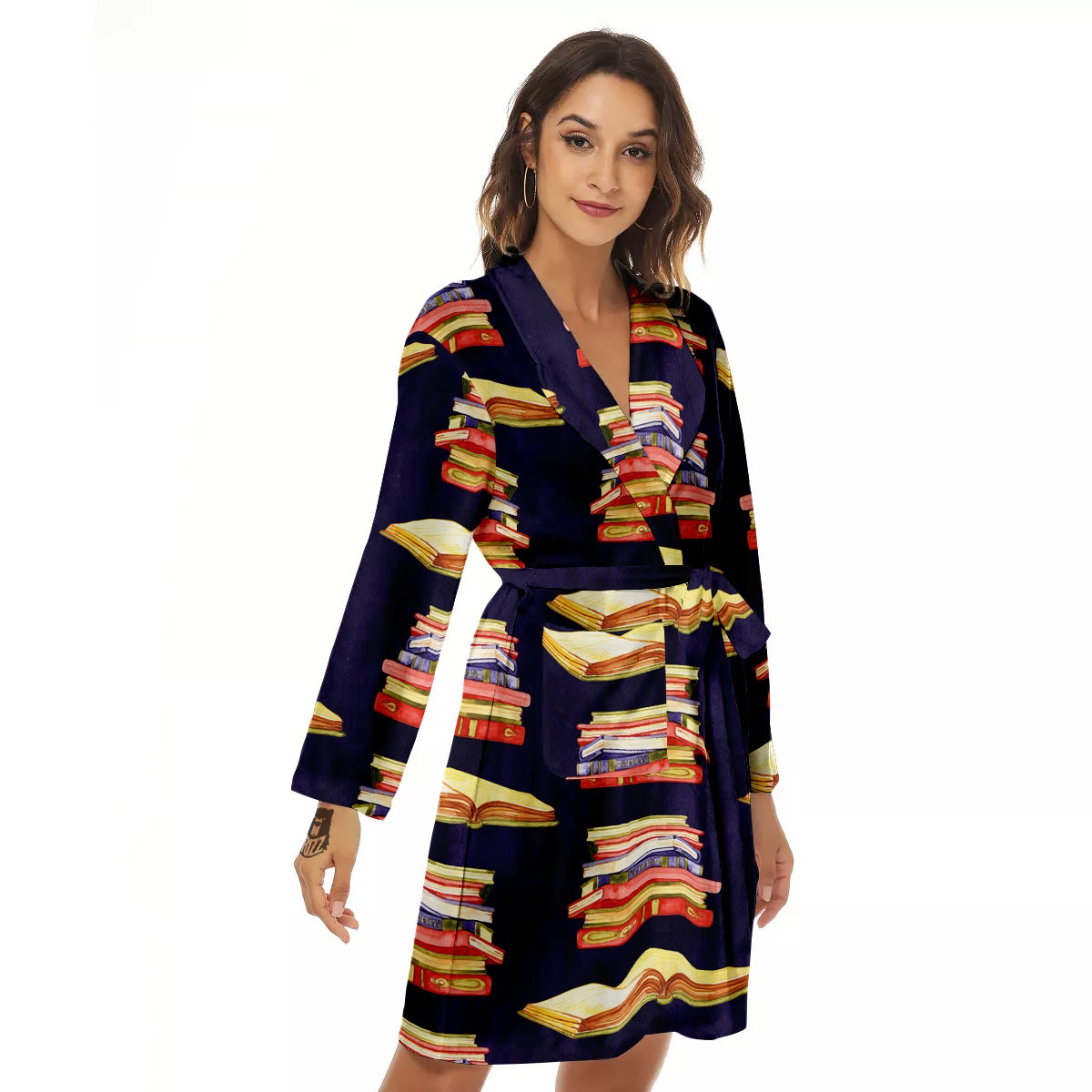 Bookshelf Watercolor Print Pattern Women's Robe-grizzshop