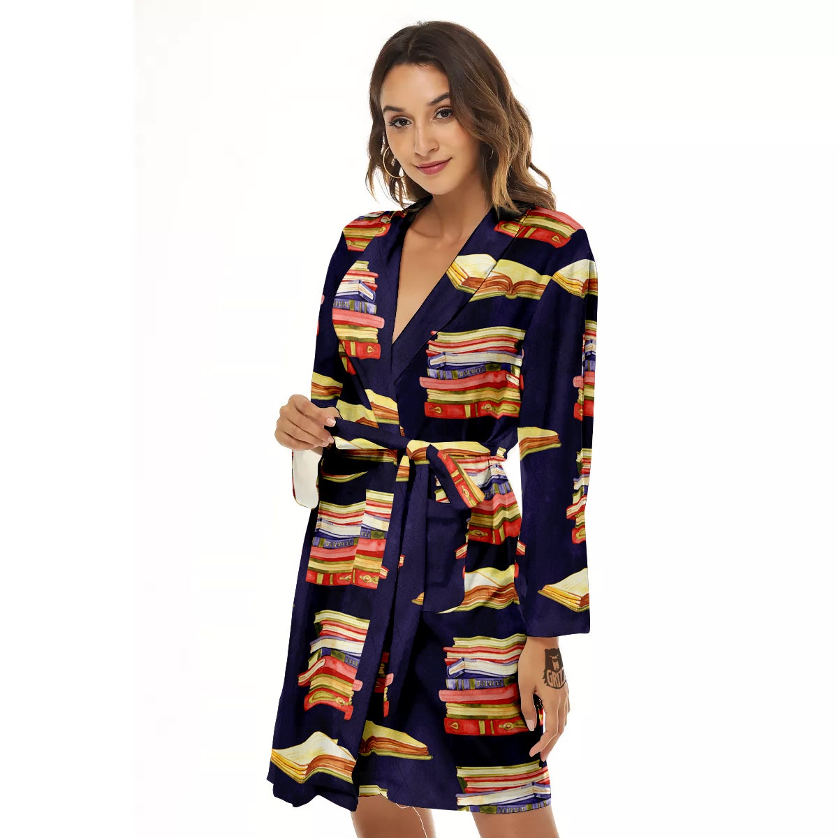 Bookshelf Watercolor Print Pattern Women's Robe-grizzshop