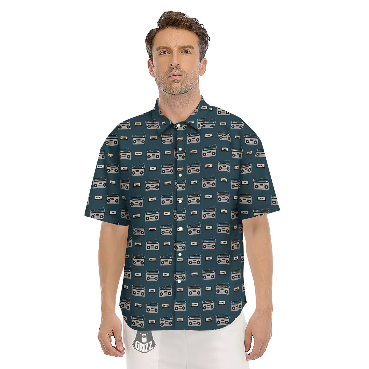 Boombox And Cassette Tape Print Pattern Men's Short Sleeve Shirts-grizzshop