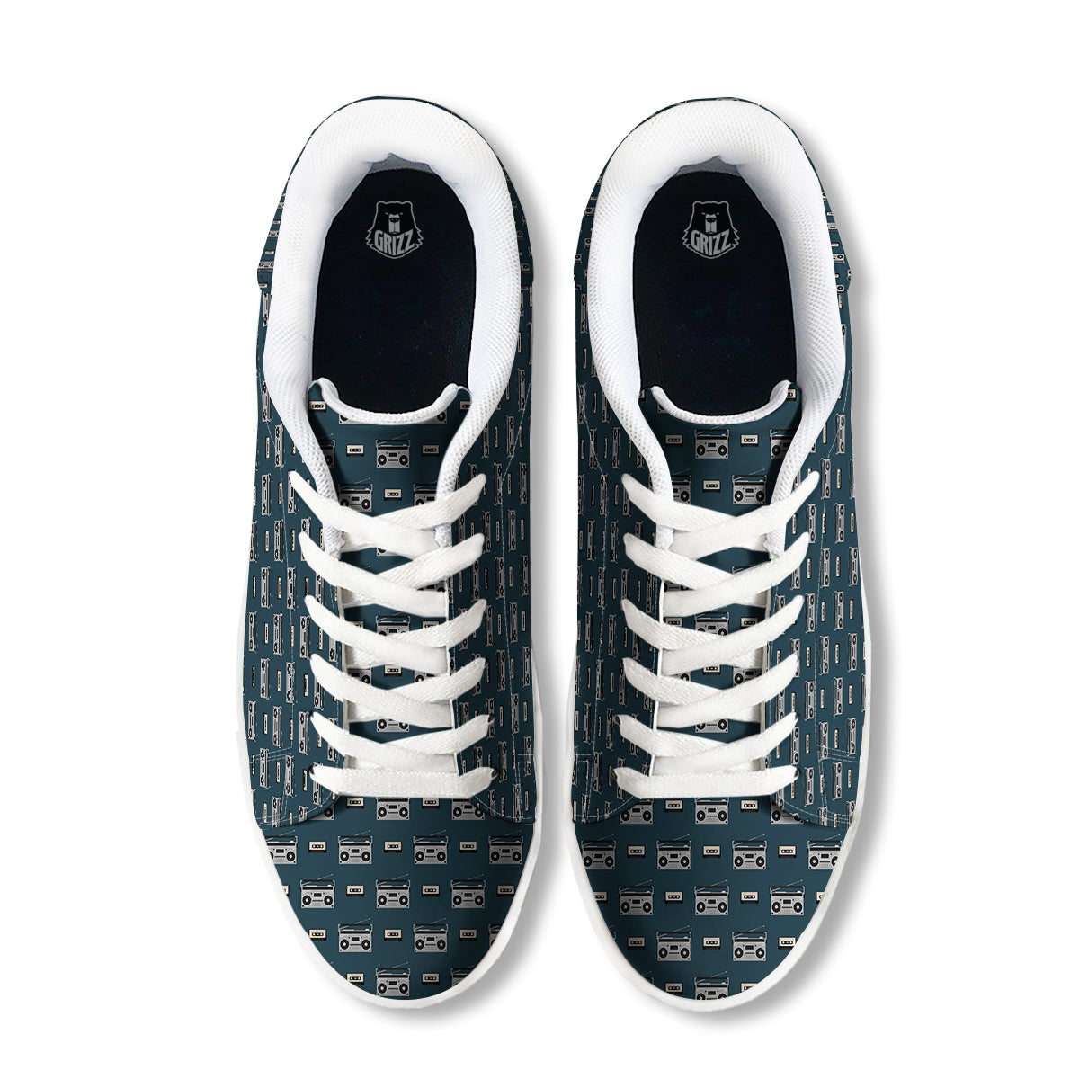 Boombox And Cassette Tape Print Pattern White Low Top Sneakers-grizzshop