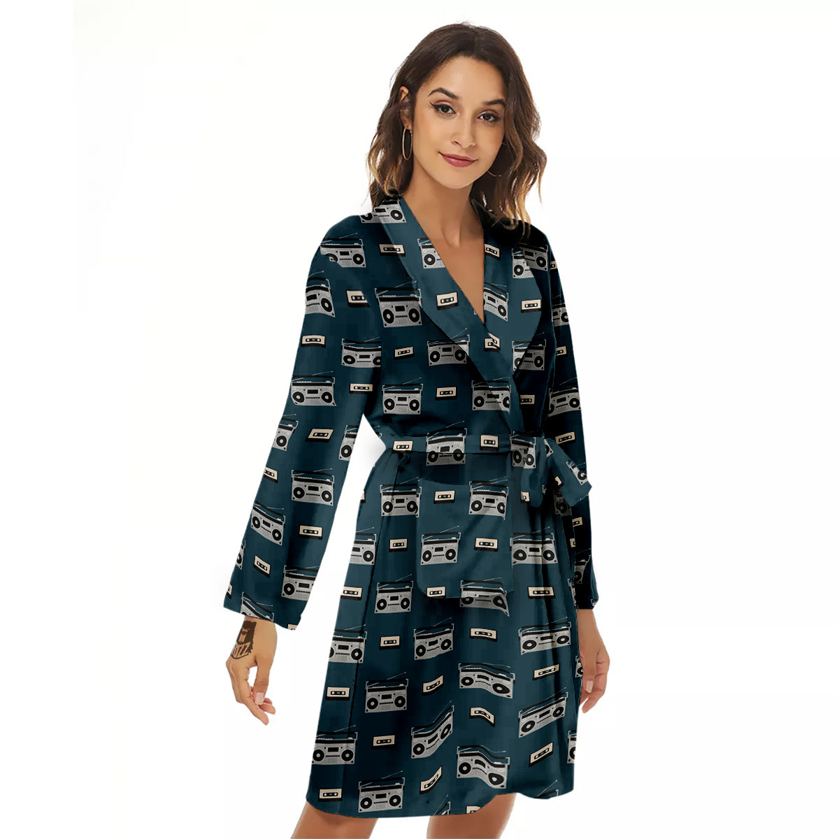 Boombox And Cassette Tape Print Pattern Women's Robe-grizzshop