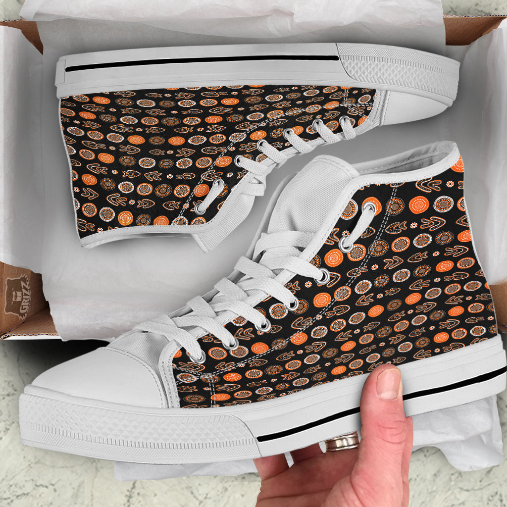 Boomerang Aboriginal Print Pattern White High Top Shoes-grizzshop