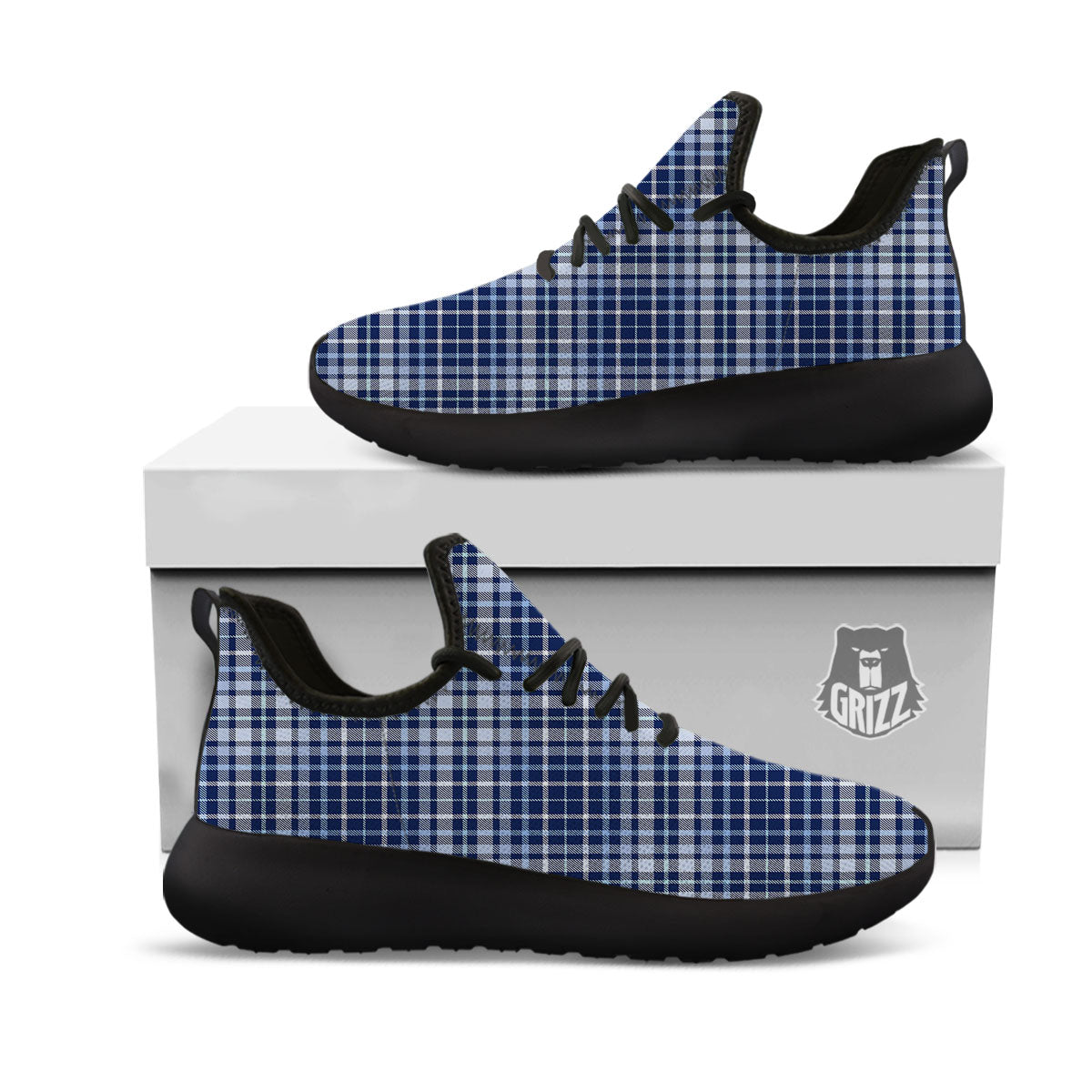 Border Tartan Blue Print Pattern Black Athletic Shoes-grizzshop