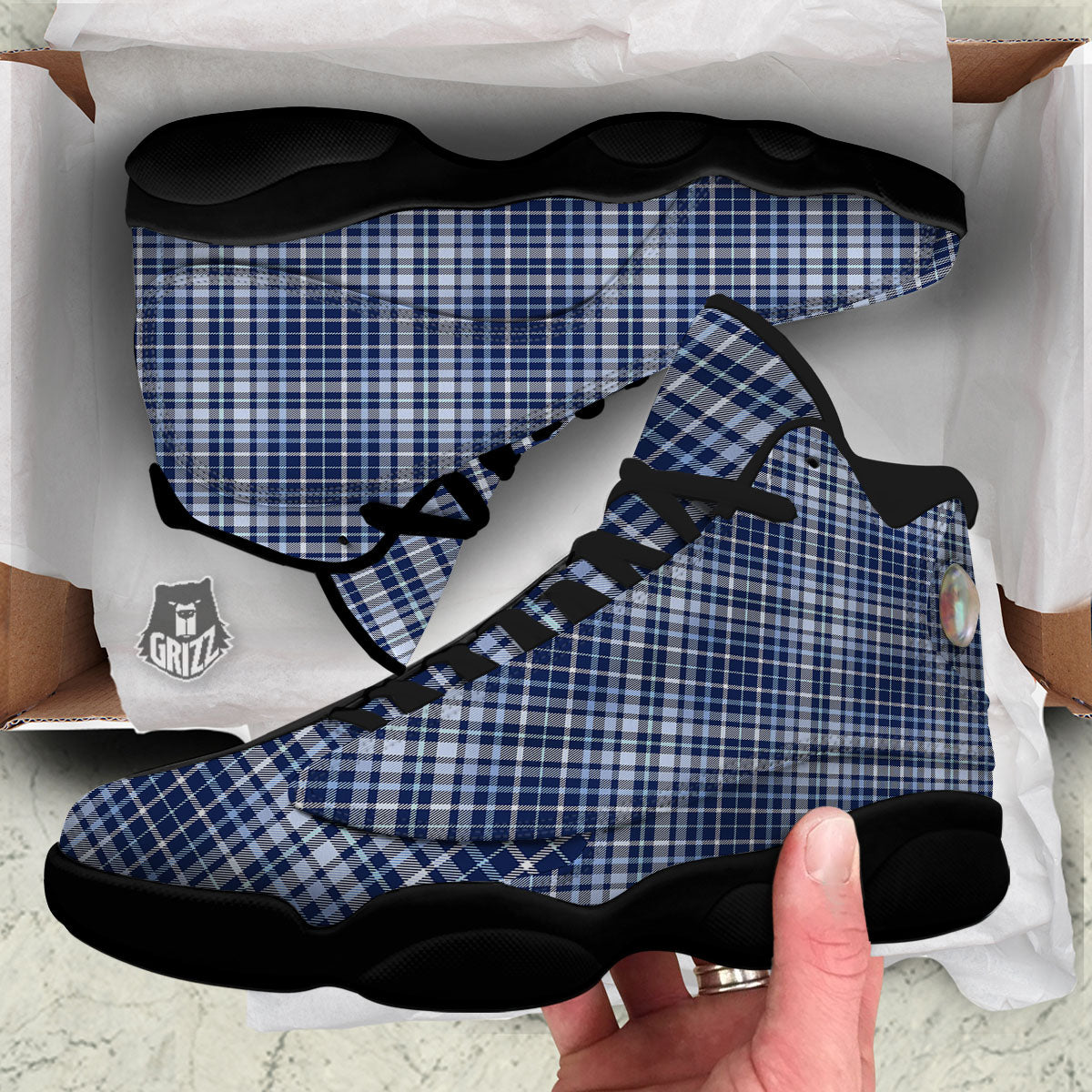 Border Tartan Blue Print Pattern Black Basketball Shoes-grizzshop