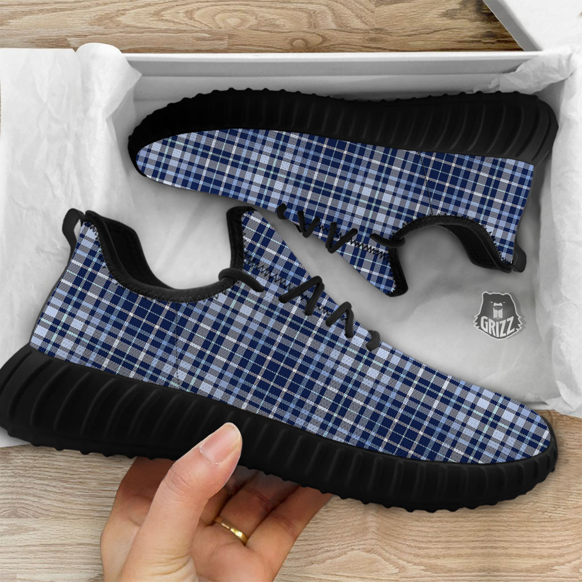 Border Tartan Blue Print Pattern Black Walking Shoes-grizzshop