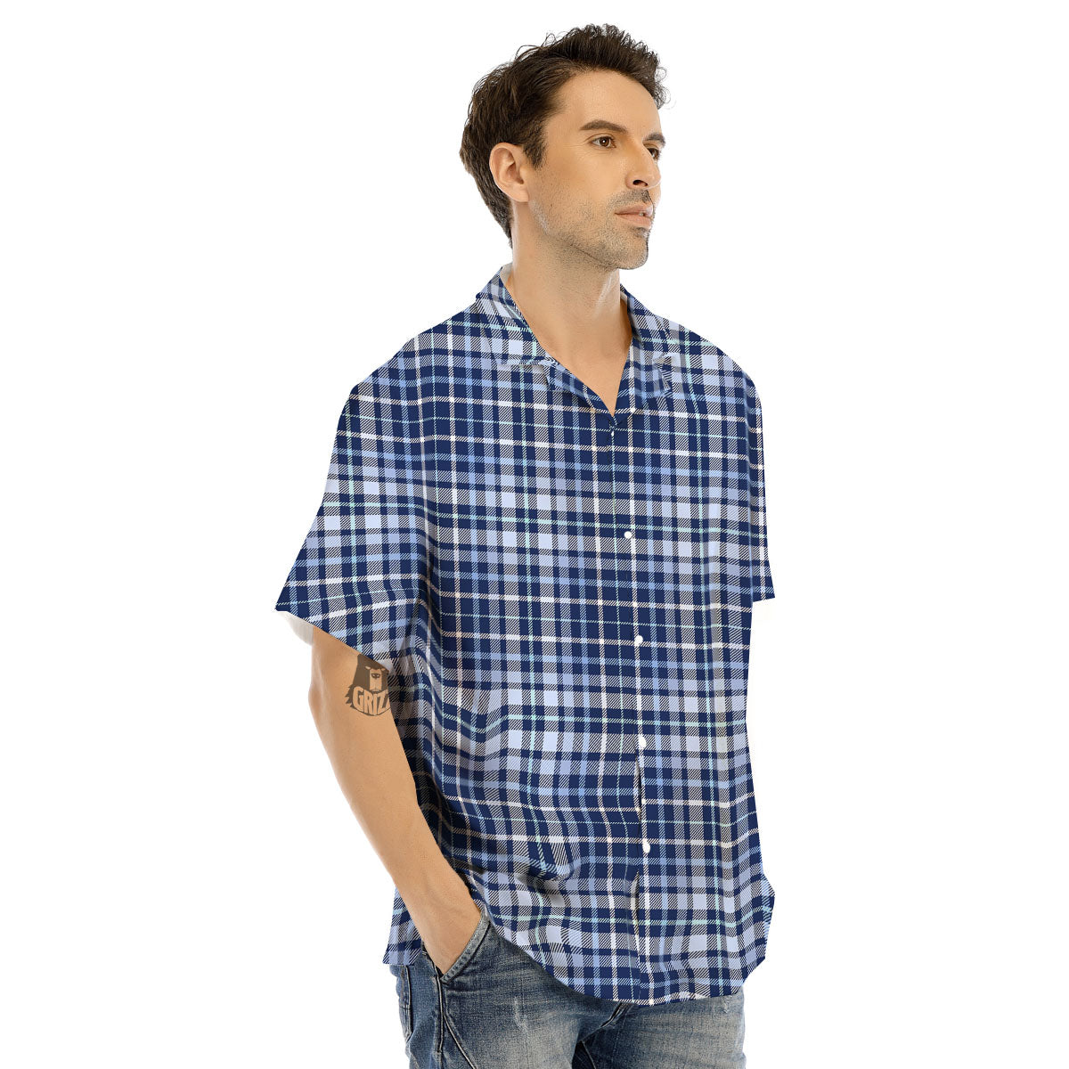 Border Tartan Blue Print Pattern Men's Hawaiian Shirt-grizzshop