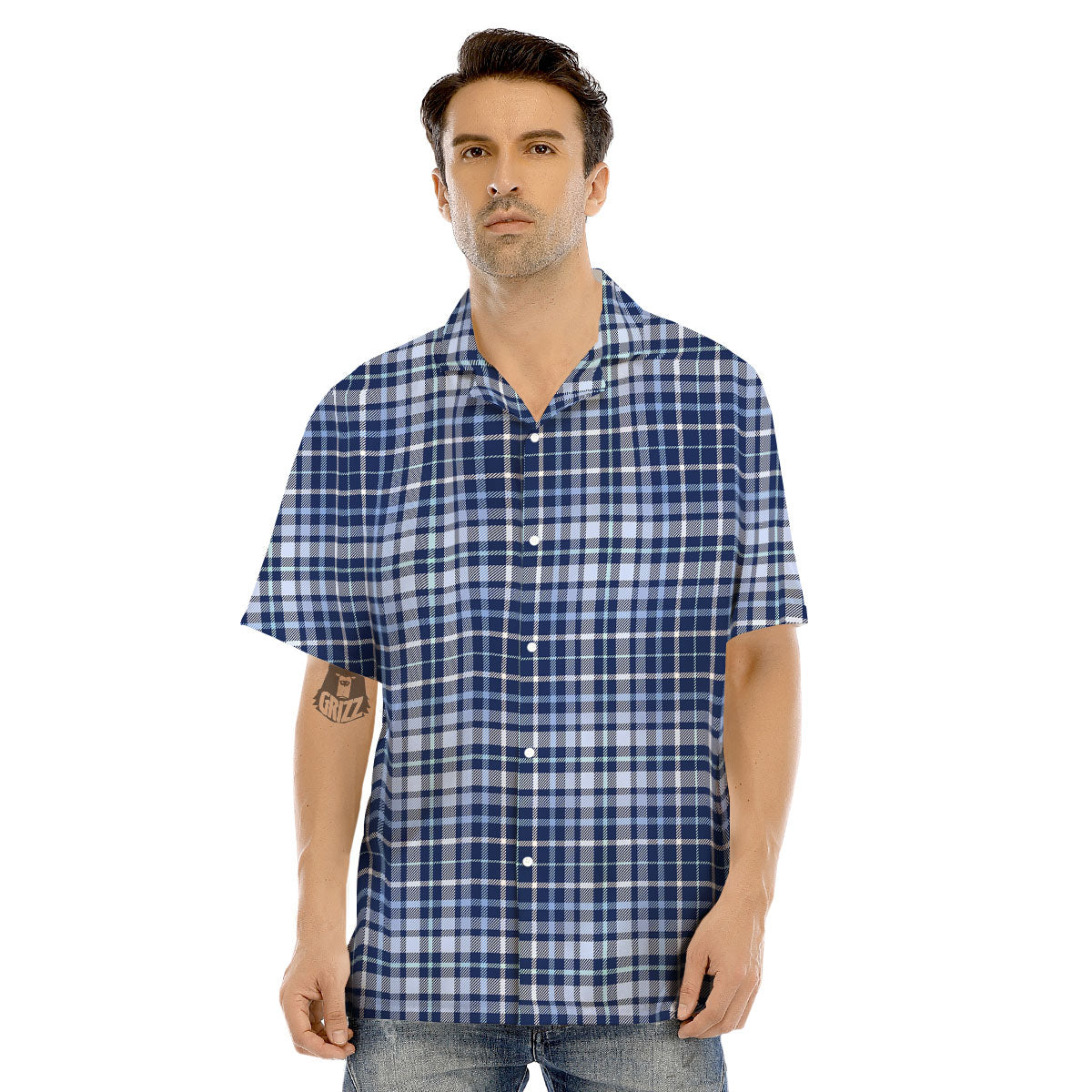 Border Tartan Blue Print Pattern Men's Hawaiian Shirt-grizzshop