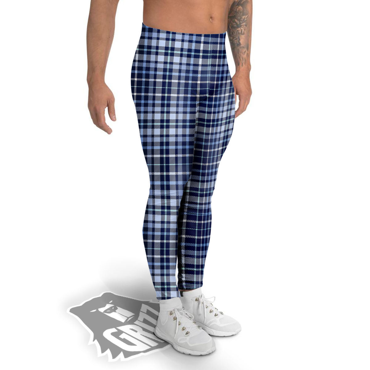 Border Tartan Blue Print Pattern Men's Leggings-grizzshop