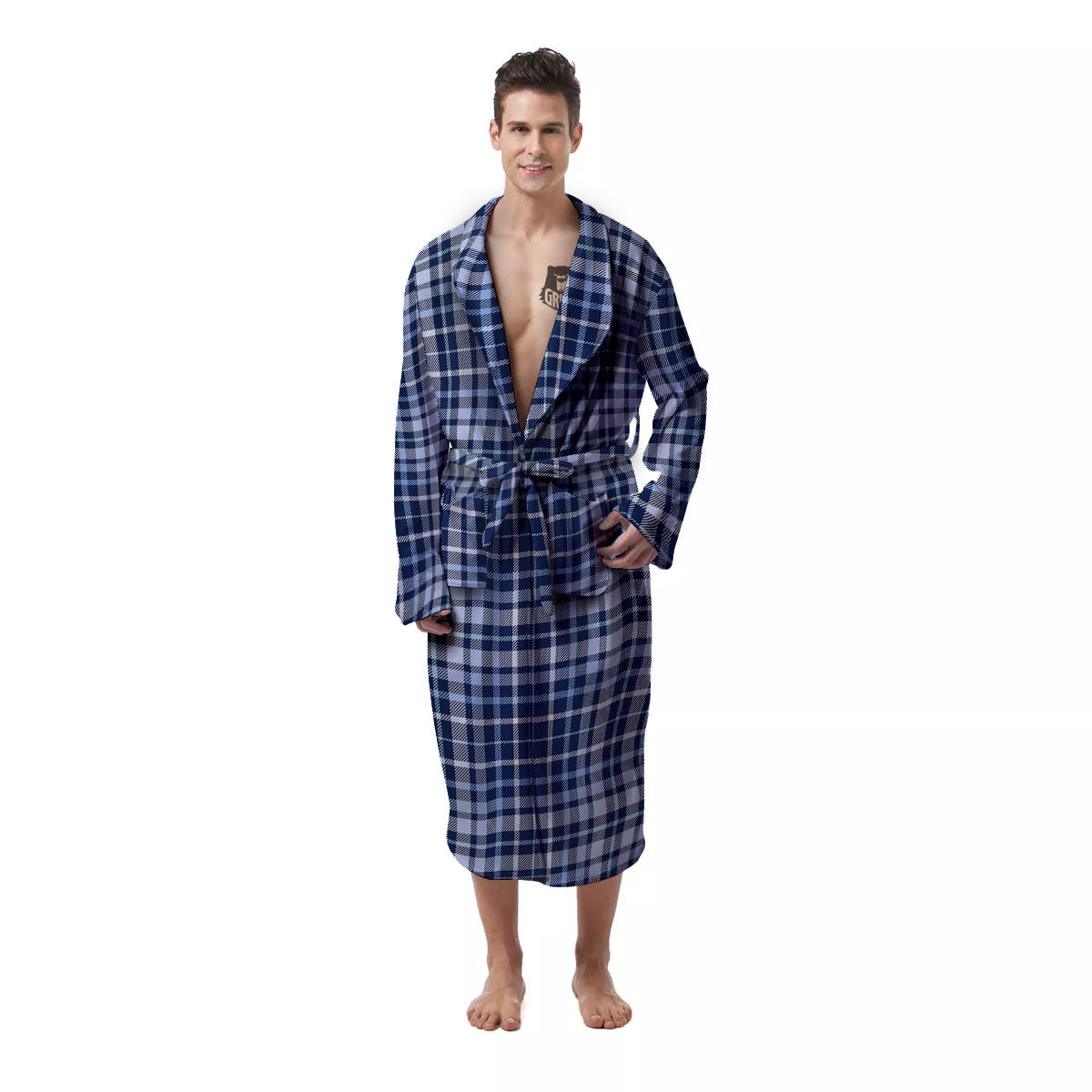 Border Tartan Blue Print Pattern Men's Robe-grizzshop