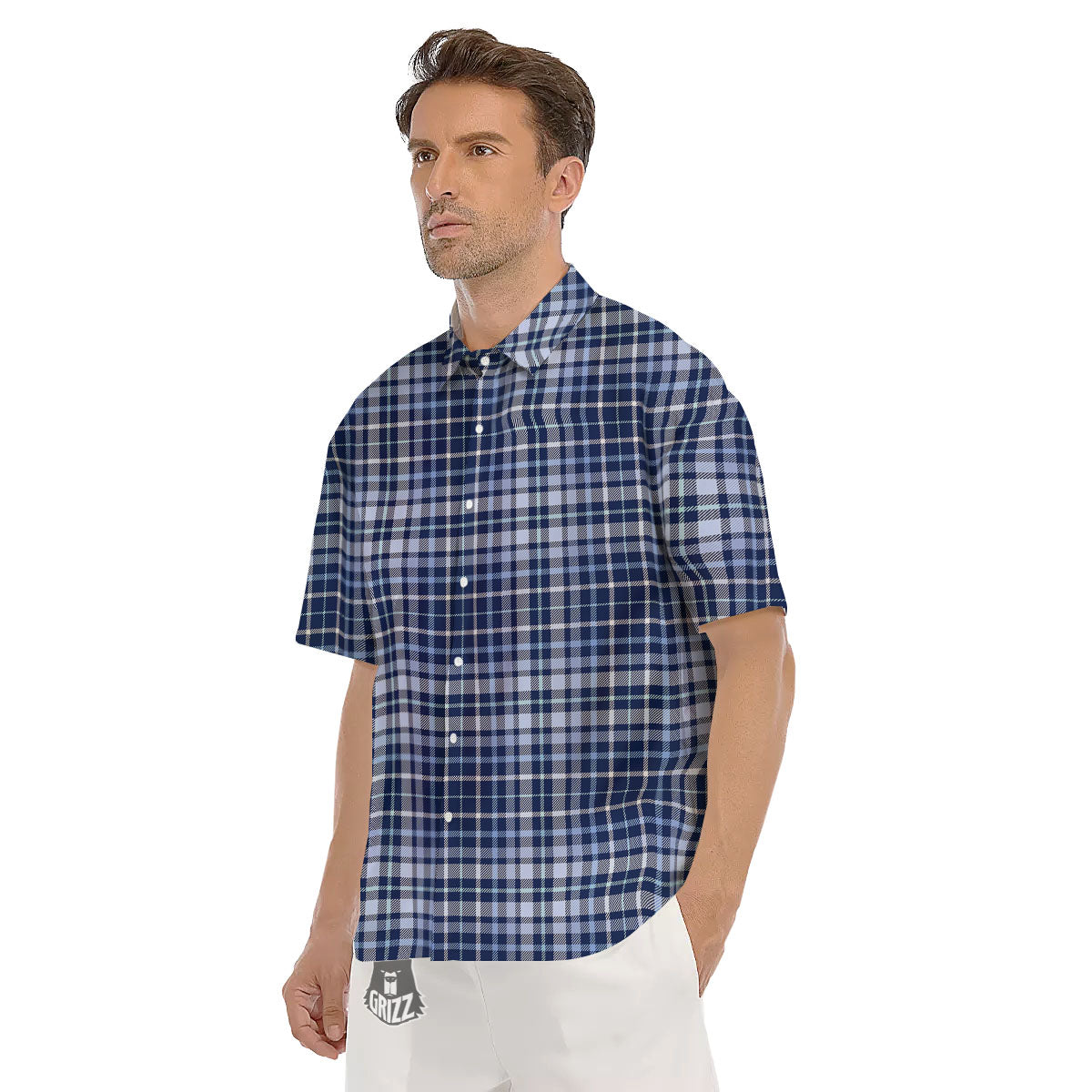 Border Tartan Blue Print Pattern Men's Short Sleeve Shirts-grizzshop