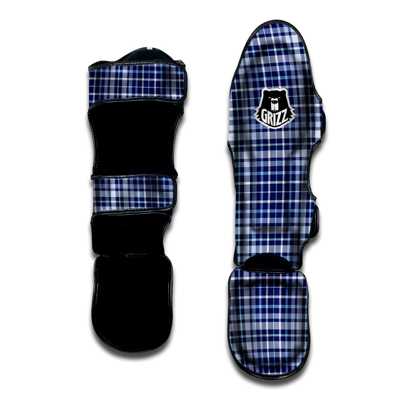 Border Tartan Blue Print Pattern Muay Thai Shin Guards-grizzshop