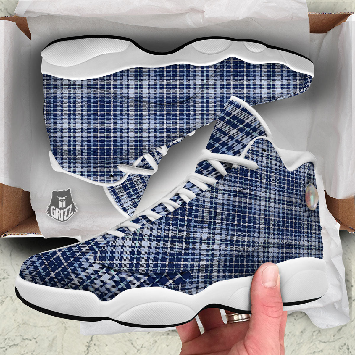 Border Tartan Blue Print Pattern White Basketball Shoes-grizzshop