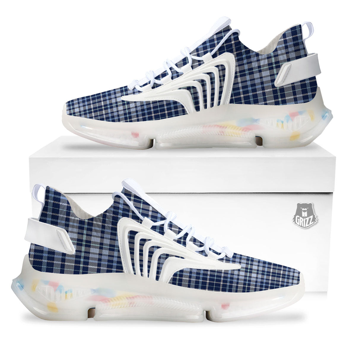 Border Tartan Blue Print Pattern White Gym Shoes-grizzshop