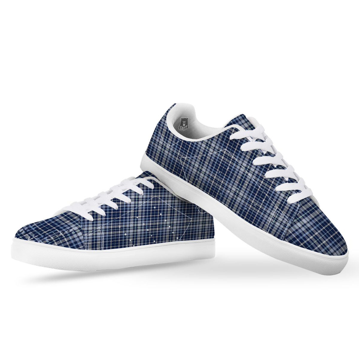 Border Tartan Blue Print Pattern White Low Top Sneakers-grizzshop