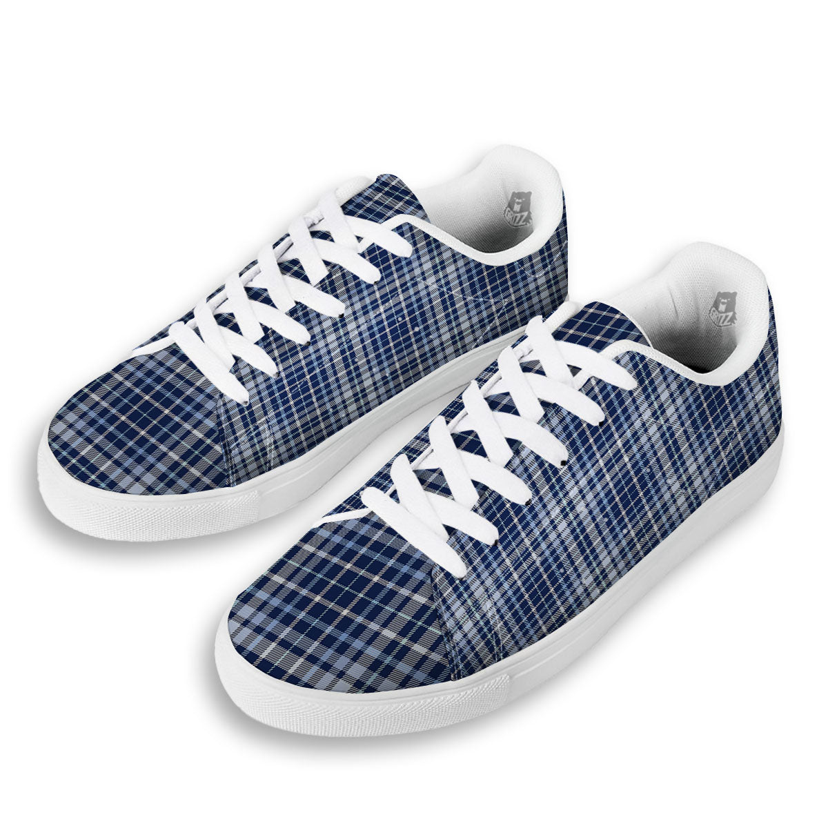 Border Tartan Blue Print Pattern White Low Top Sneakers-grizzshop