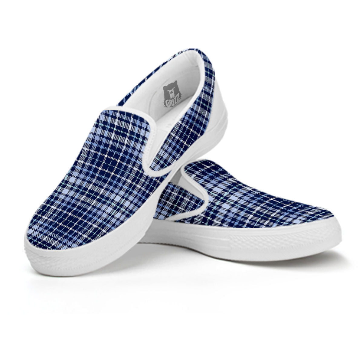 Border Tartan Blue Print Pattern White Slip On Shoes-grizzshop