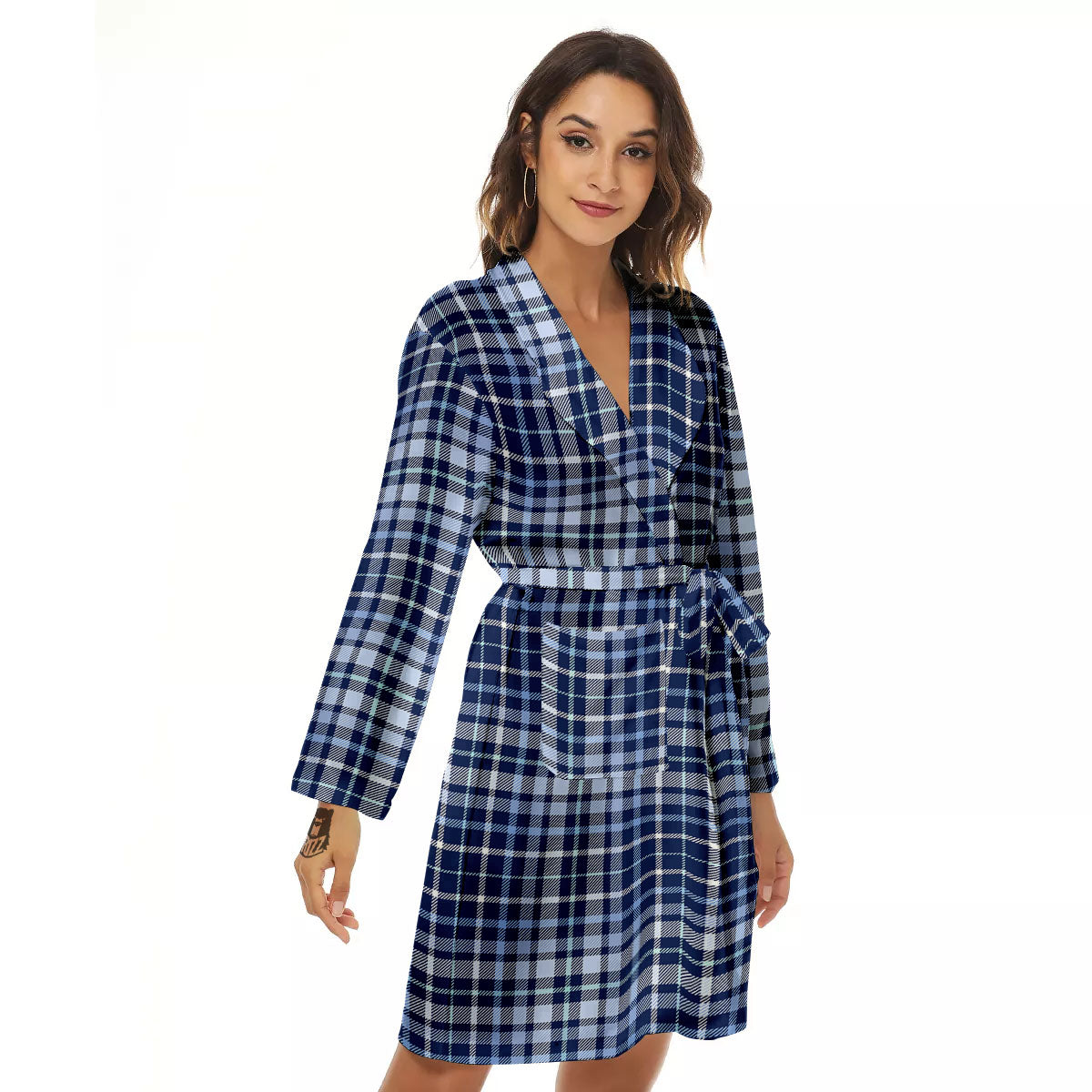 Border Tartan Blue Print Pattern Women's Robe-grizzshop